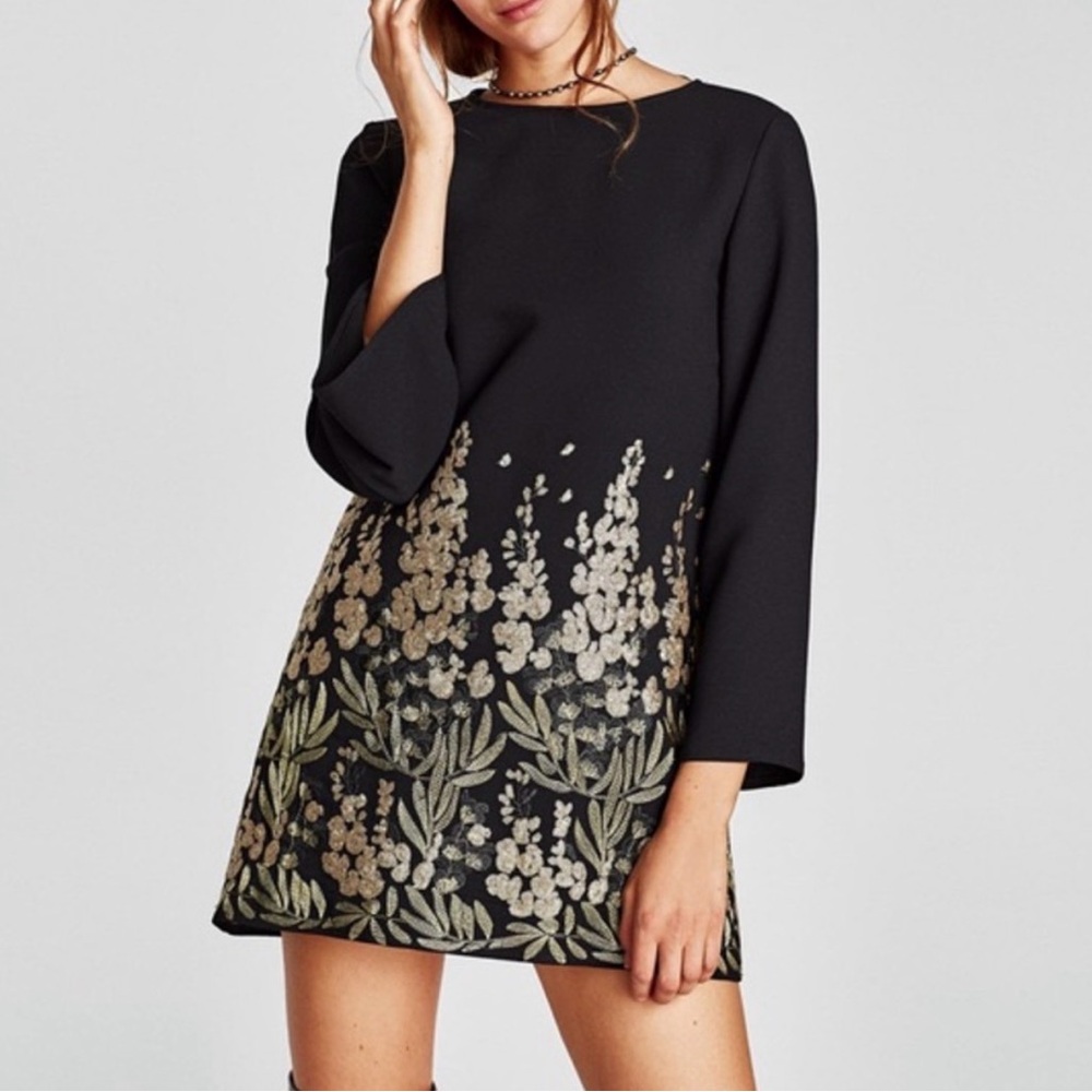 ZARA - women’s long sleeve black mini dress gold embellished embroidery size S